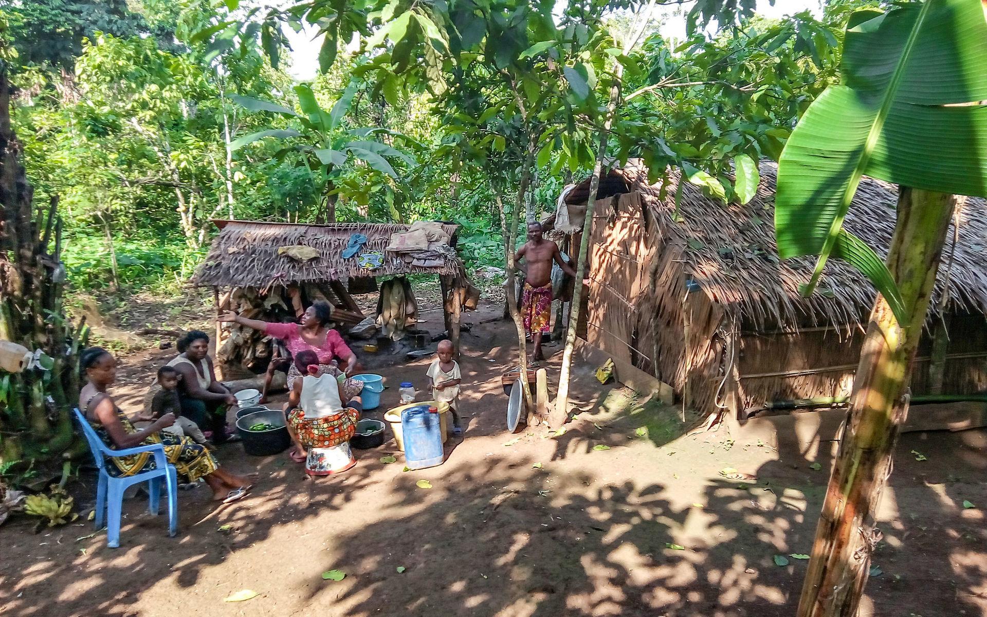 Internflyktingar samtalar i ett läger i skogen utanför byn Kombone-Mission i sydvästra Kamerun.