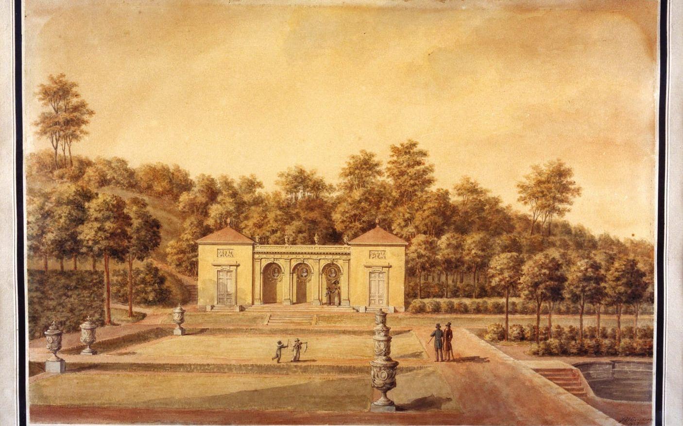 Gamla ritningar och akvareller har använts som grund för att återskapa orangeriet. Justus Fredric Weinberg målade denna 1827. Bild: Gunnebo slott