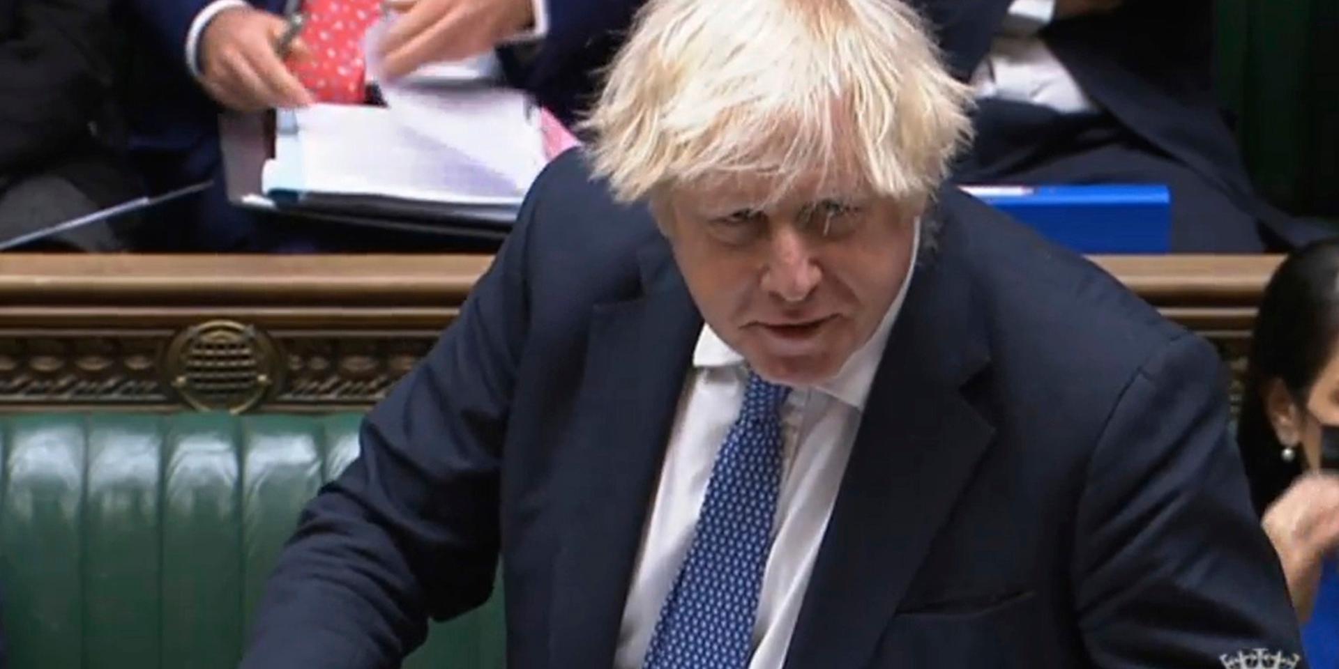 Storbritanniens premiärminister Boris Johnson under talet där han meddelar landets diplomatiska OS-bojkott.