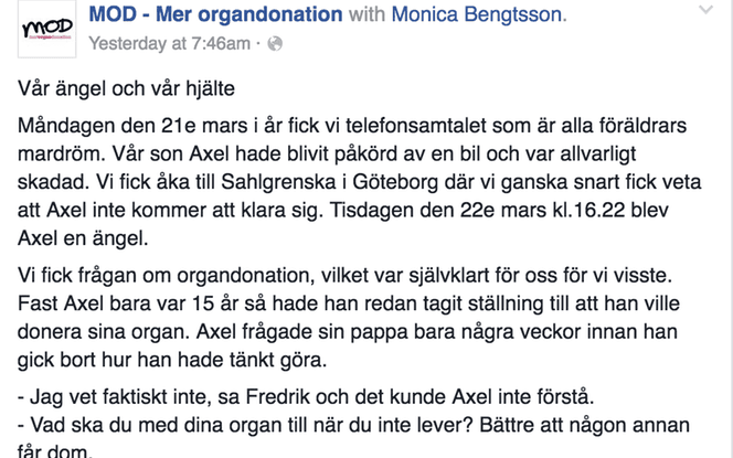 Malin Tidbloms inlägg på Facebook om Axels beslut var mycket läst.