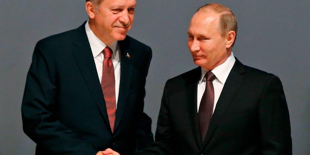 Turkiets president Recep Tayyip Erdogan skakar hand med sin ryske kollega Vladimir Putin.