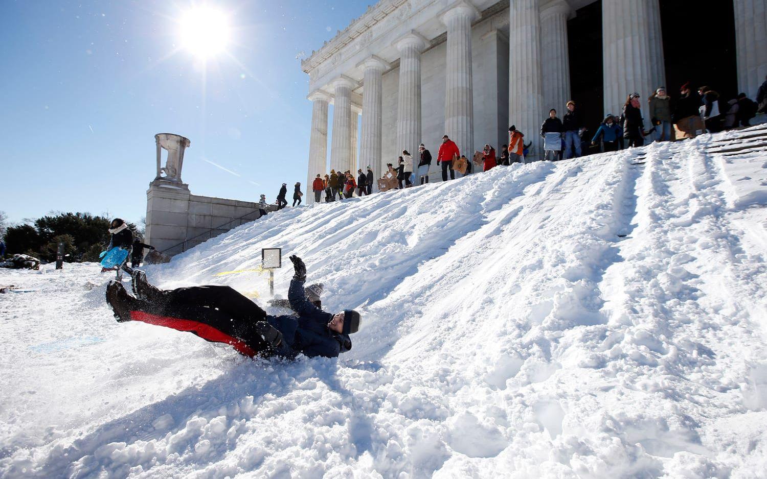 Fördelen med snö är att det kan bli rätt kul när det väl har lagt sig. Här passade några på att åka pulka vid Lincolnmonumentet i Washington. Foto. TT
