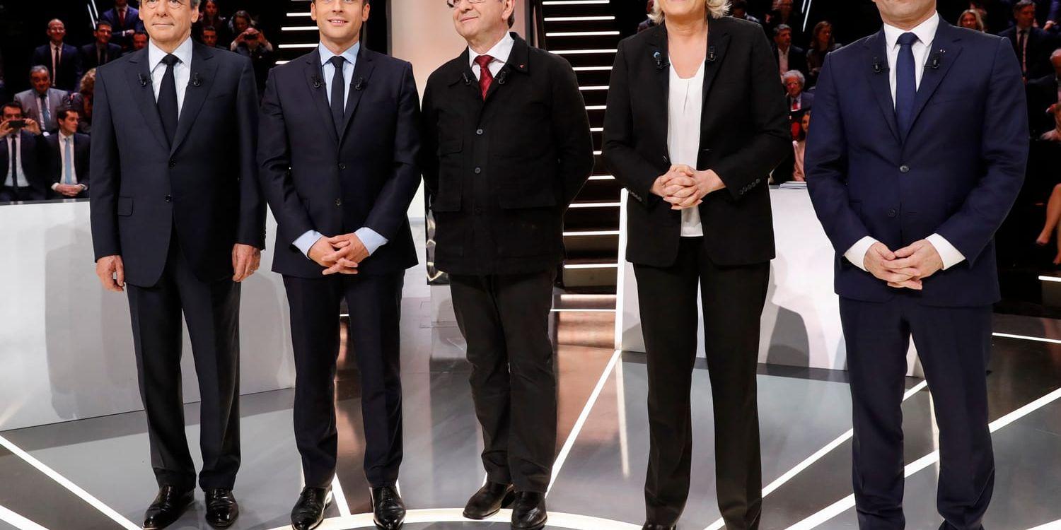 Från vänster: François Fillon, Emmanuel Macron, Jean-Luc Mélenchon, Marine Le Pen och Benoît Hamon.