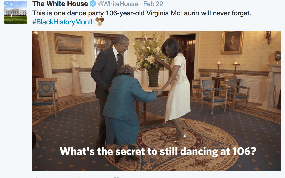 Mötet mellan 106-åriga Virginia McLaurin och presidentparet är numera ett klassiskt ögonblick från deras tid i Vita Huset. Michelle Obama sade att hon vill vara som Virginia när hon blir 106.
