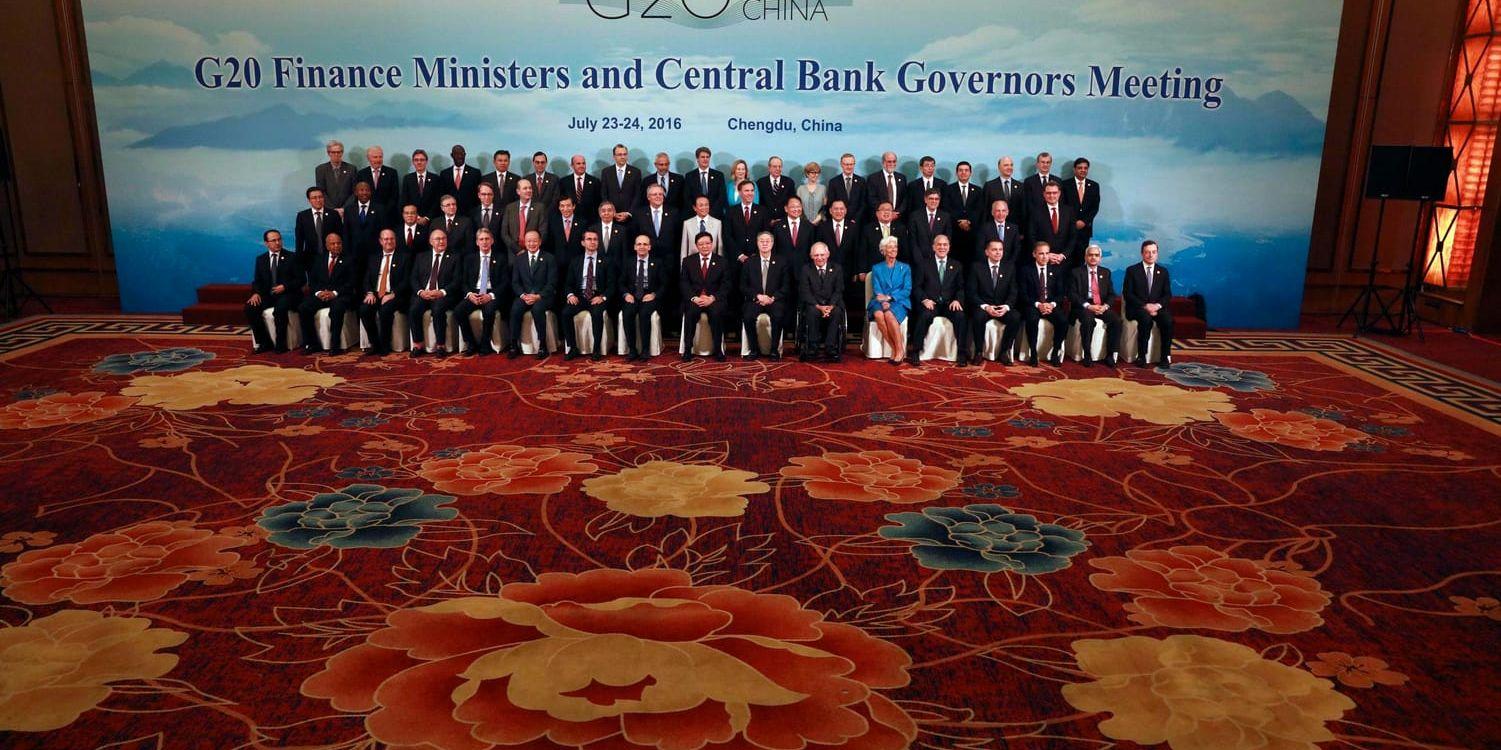 G20-ländernas finansministrar och centralbankschefer fotograferade under en konferens i Chengdu, Kina, i juli. Arkivbild.
