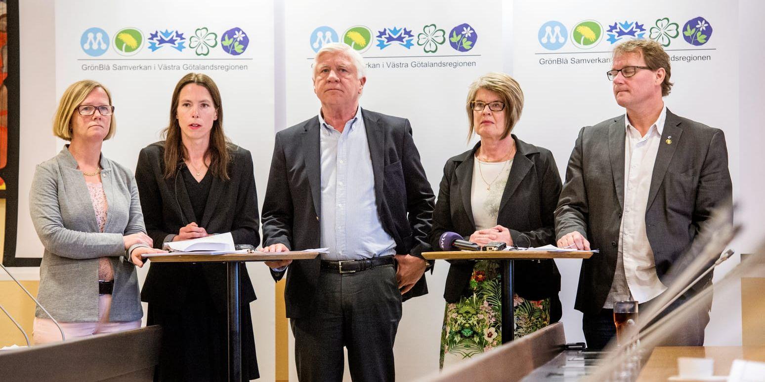 Grönblå samverkan för Västra Götalandsregionen: Kristina Jonäng (C), Birgitta Losman (MP), Johnny Magnusson (M), Monica Selin (KD) och Jonas Andersson (FP).