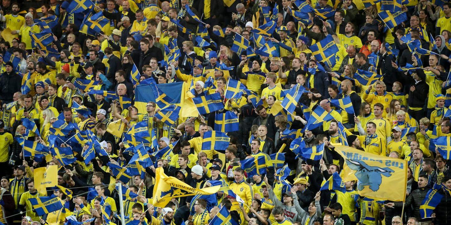 Svenska supportrar på Friends arena i kvalmatchen mot Luxemburg i höstas.