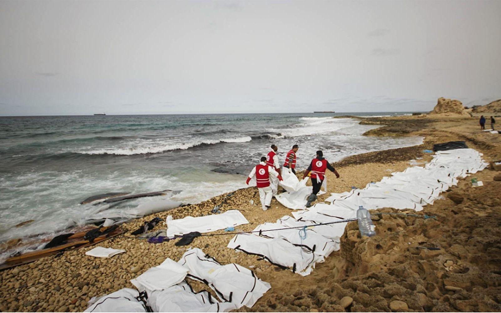 74 döda människor har spolats upp på en strand i Libyen. FOTO: Red Crescent Libya