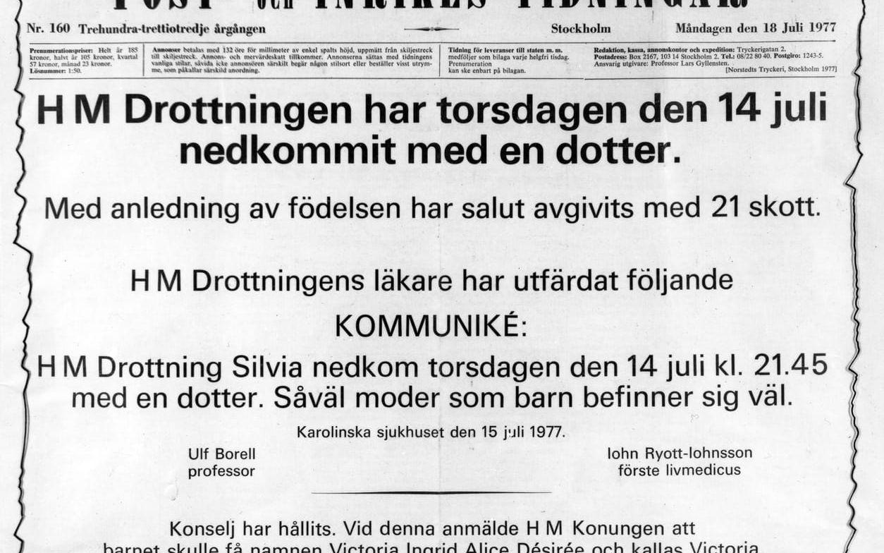Prinsessan Victorias födelese hedras med halva förstasidan i Sveriges äldsta tidning Post och Inrikes Tidningar 18:e juli 1977. Foto: Jan Collsiöö / SCANPIX / TT