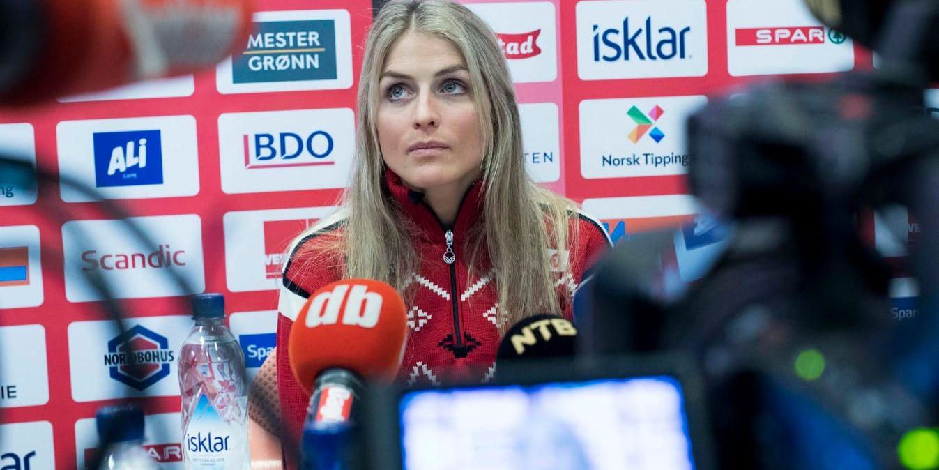 Therese Johaug på en presskonferens inför fredagens comeback.