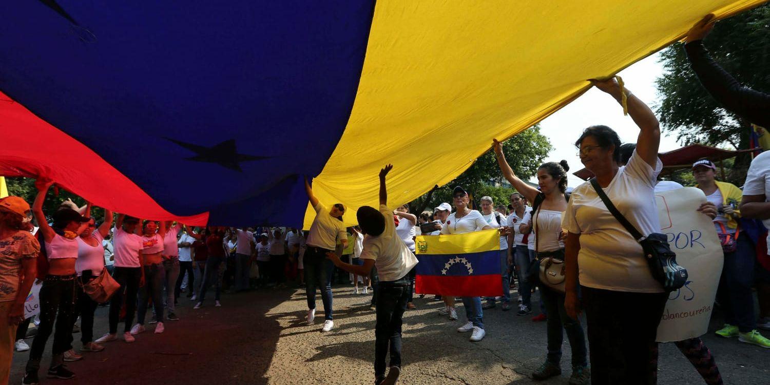 Oppositionella demonstranter protesterar mot sittande presidenten Nicolás Maduros regim i staden Urena i Venezuela, nära gränsen mot Colombia.