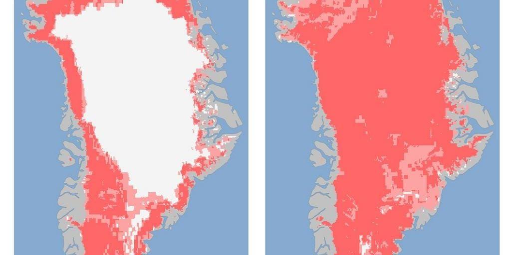 Bilderna visar hur issmältningen har ökat mellan den 8 juli (vänster) och 12 juli (höger).
