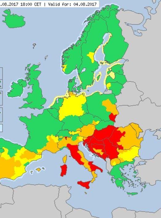 Sajten Meteoalarm samlar värmevarningar för hela Europa, med prognos för den närmsta dagen. Just nu råder den varmaste sommaren sen 2003 i Europa. Bild: Meteoalarm