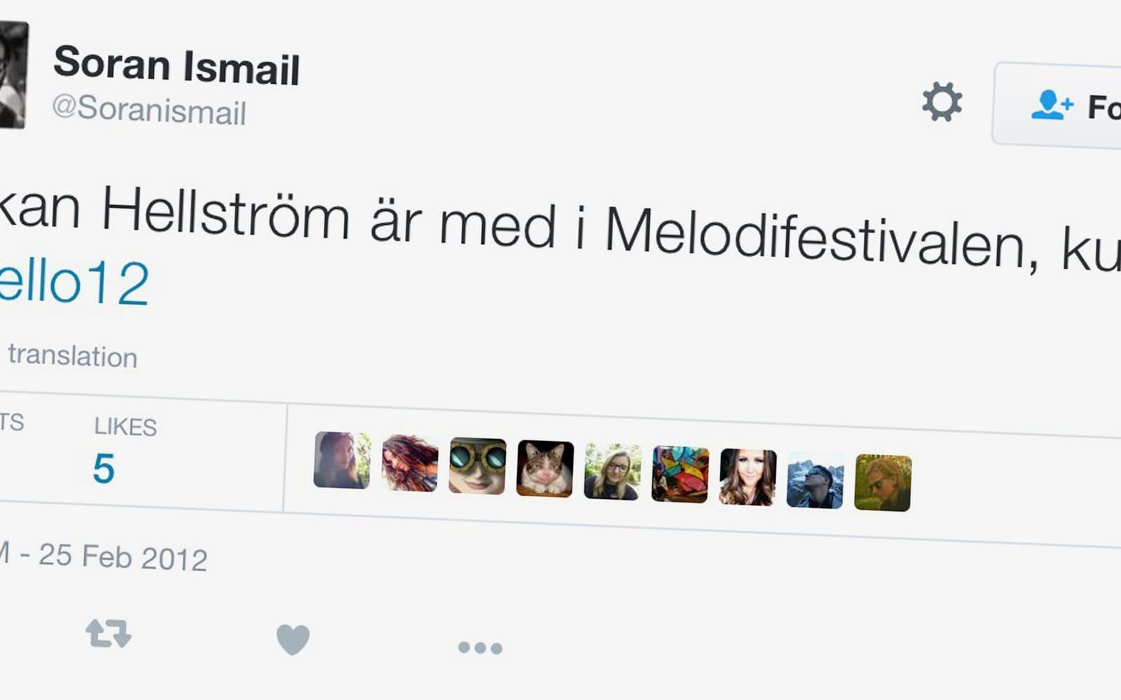 Plötsligt så händer det! Näe, det var bara komikern Soran Ismael som 2012 tweetade ut att Håkan Hellström är klar för Melodifestivalen.