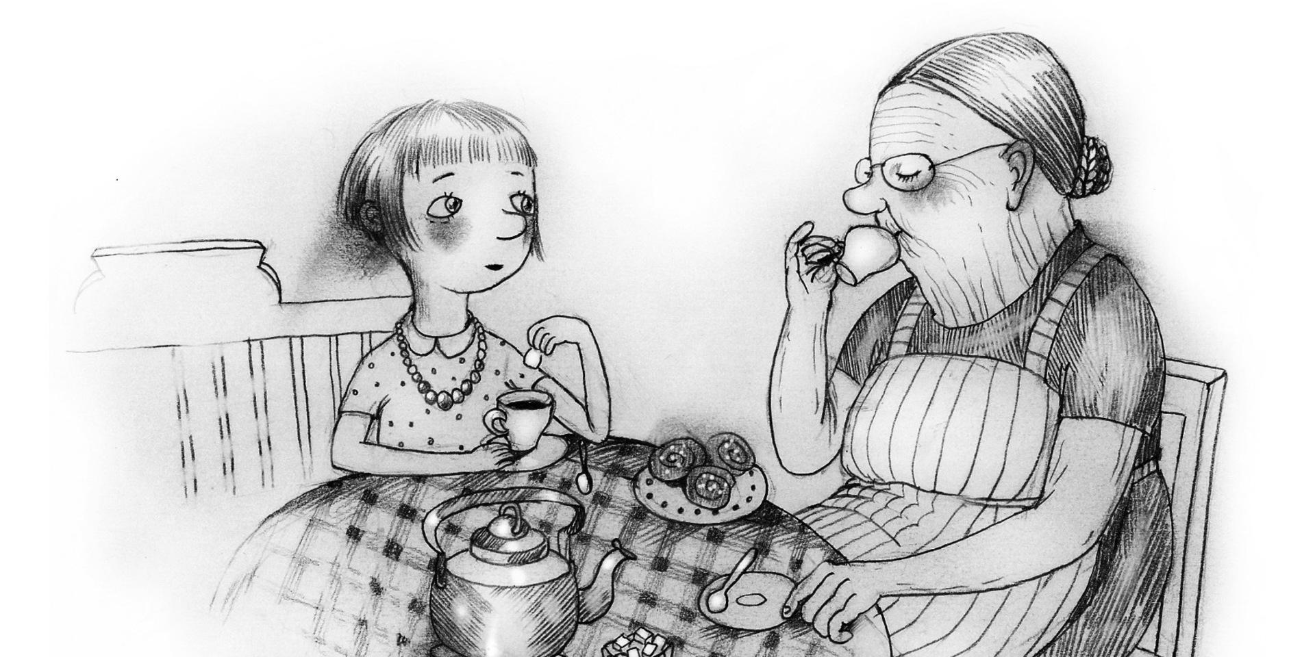 Svunnen tid. Illustratören Lotta Geffenblad fångar ytterst övertygande mötet mellan Farmors prosaiska sfär och flickornas skiftande känslor av sprallig glädje, avundsjuka och hemlängtan.