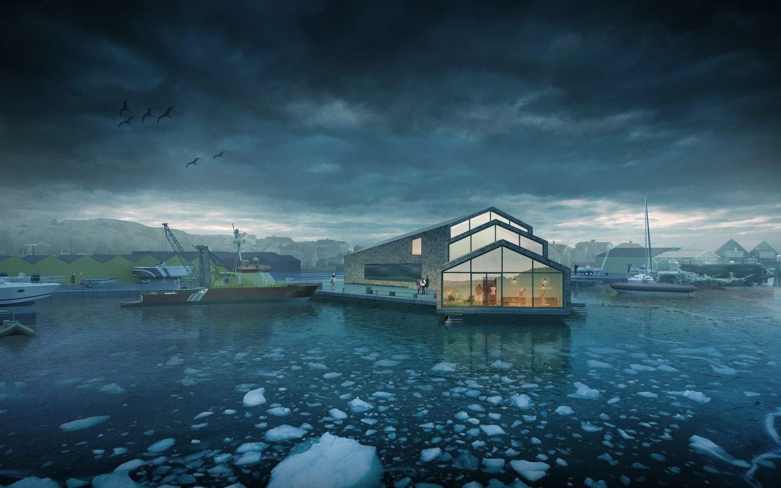 En illusionsbild från arkitektbyrån Kjellgren Kaminsky över hur ett sjöräddningsstationshus på Rörö skulle kunna se ut. Illustration: Kjellgren Kaminsky