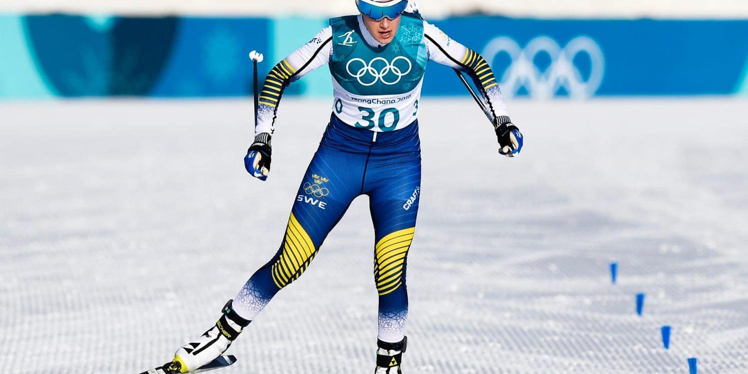 Svenska Ebba Andersson i mål i 10 kilometer fristil i Alpensia skidcenter i vinter-OS i Pyeongchang, Sydkorea.