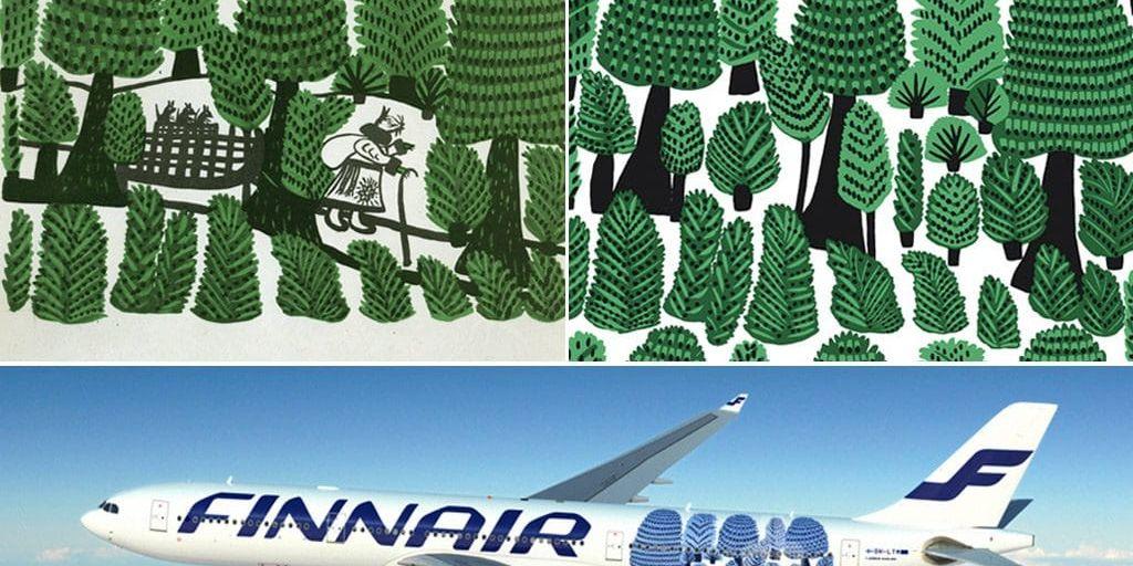 Maria Primatšenkos "Råtta på väg", Kristina Isolas mönster Metsänväki och Finnairs flygplan som pryds av mönstret.
