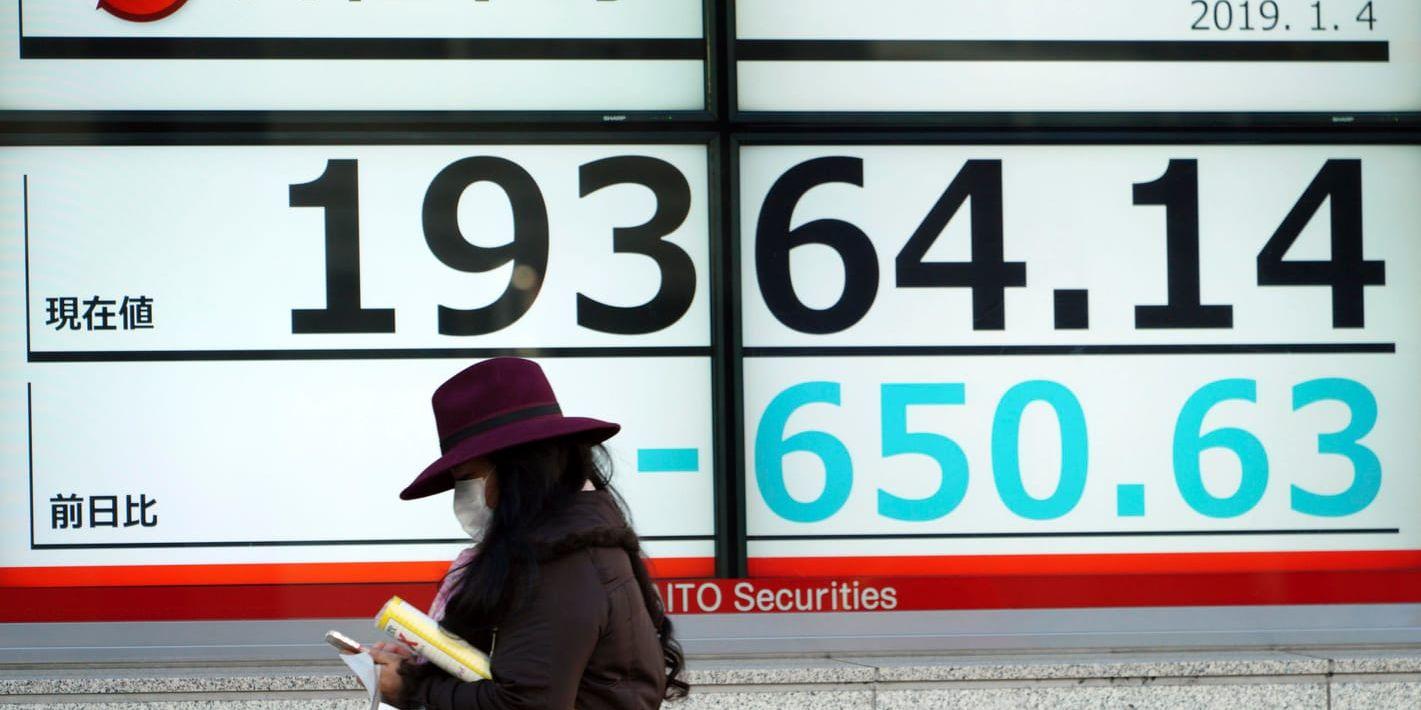En kvinna passerar en elektronisk skylt med börsinformation i Tokyo. Arkivbild