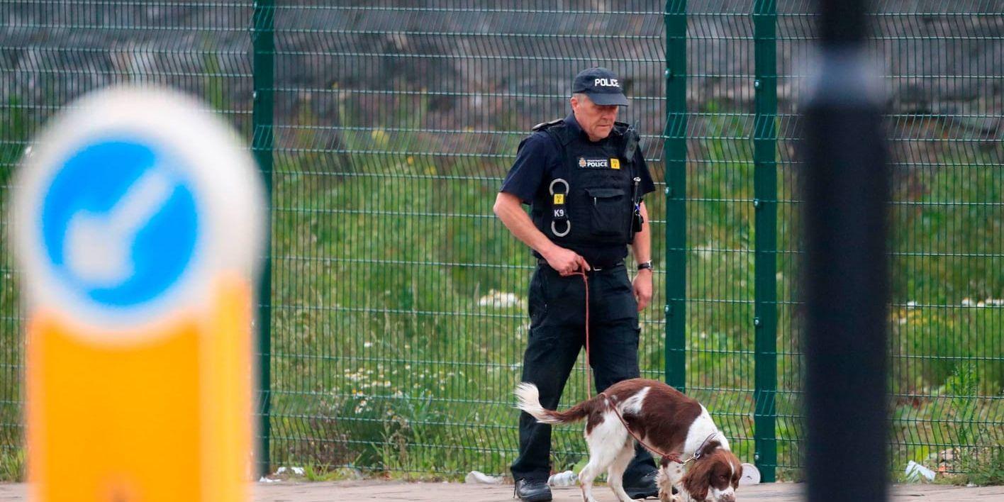 En hundpatrull letar efter spår utanför arenan i Manchester.