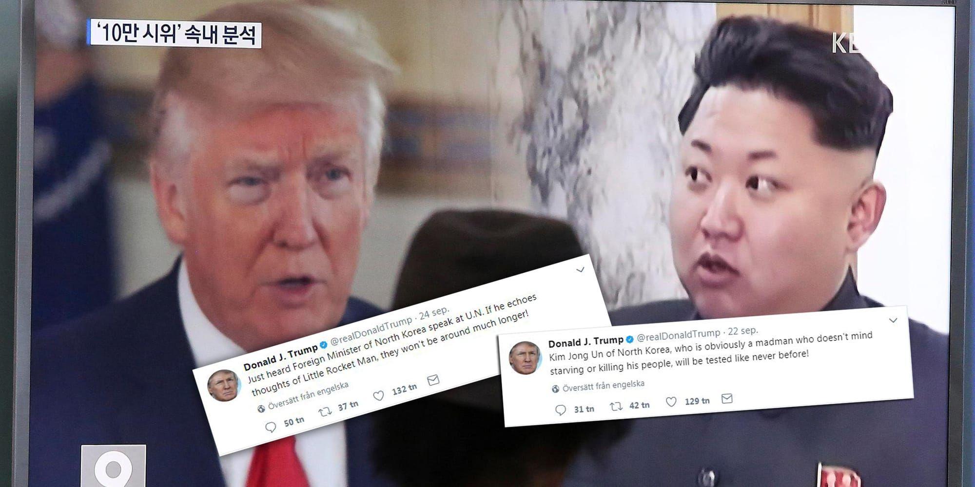 USA:s president Donald Trumps hot riktade mot Nordkoreas ledning, med Kim Jong-Un i spetsen, har ett nyhetsvärde och ett allmänintresse, säger Twitter som förklaring till varför Trumps inlägg inte plockades bort. Arkivbild / Montage.