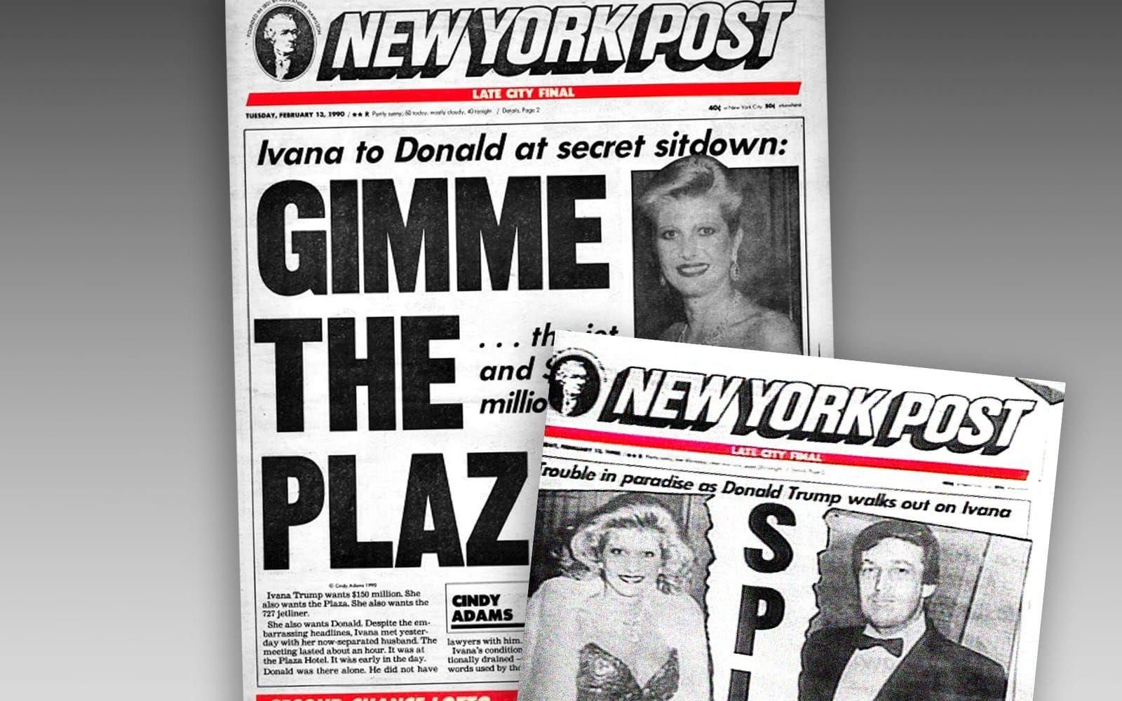<strong>Februari, 1990: </strong>Donald Trump och Ivana Trump separerar. I skvallerpressen kallas uppbrottet War of the Trumps. Faksimil: New York Post