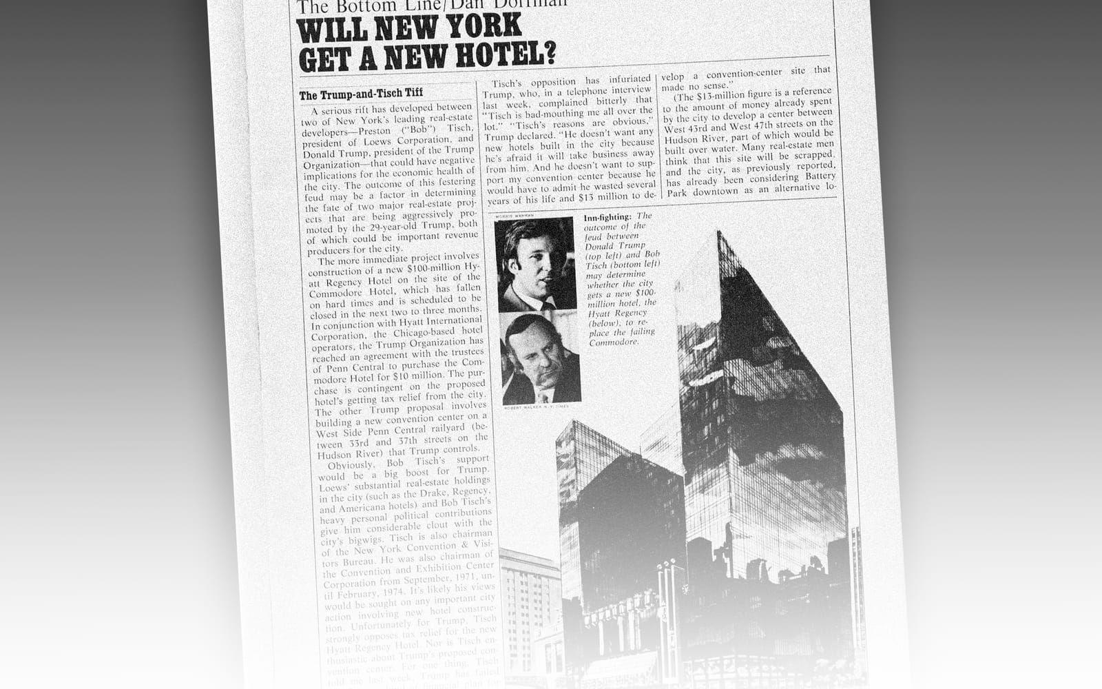 <strong>April, 1976:</strong> Den ivrige 29-åringen Trump vill bygga ett kongresscenter och hotell vid Penn Centrals järnvägsgård men hamnar ganska snart i konflikt med staden. Det hela slutade med att New York bekostade en eget kongressbyggnad utan Trumps hjälp. En besviken Trump försökte övertala staden om att åtminstone få sätta familjenamnet på fastigheten men svaret blev nej. Här syns han i ett reportage i New York Magazine. Faksimil: New York Magazine