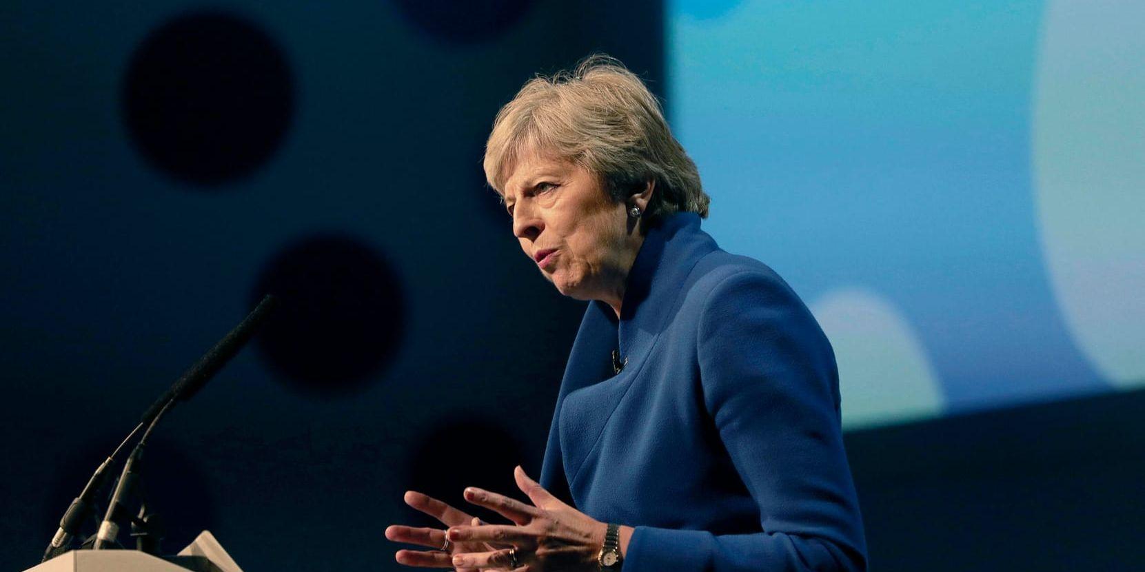 Storbritanniens premiärminister Theresa May på mässcentret ICC i Birmingham i början av september. Nu återvänder hon dit för Konservativa partiets viktiga partikonferens. Arkivfoto.
