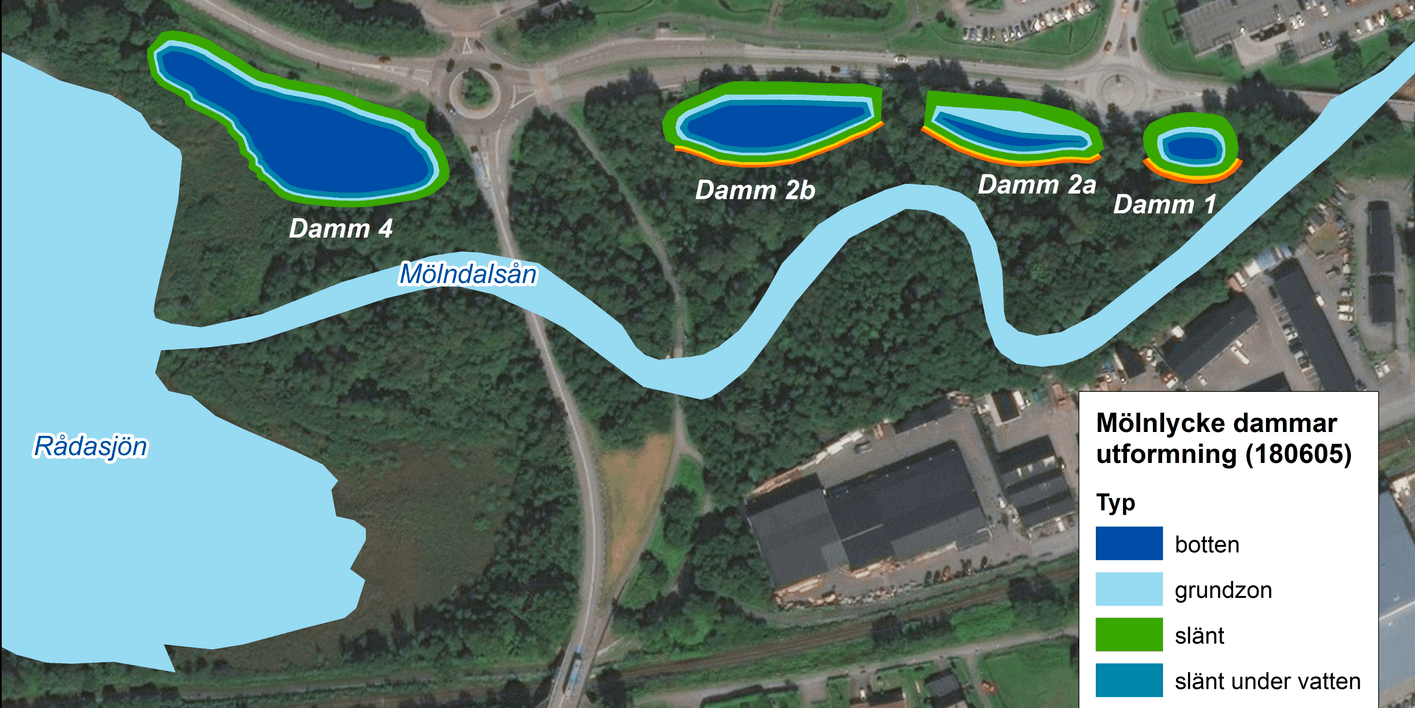 Bilden är en tidig skiss av hur en dagvattenpark i Mölnlycke kan komma att se ut. I området är det också tänkt att finnas promenadstråk.