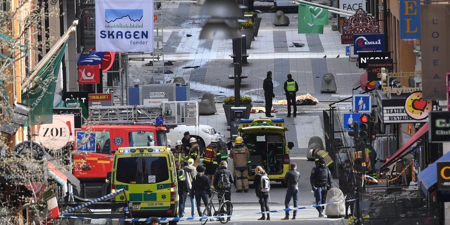 Terrordådet på Drottninggatan den 7 april förra året. Fem dog och många skadades. Arkivbild.