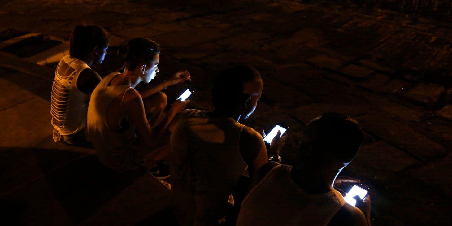 Ungdomar surfar i ett område med trådlöst internet i Havanna, Kuba.