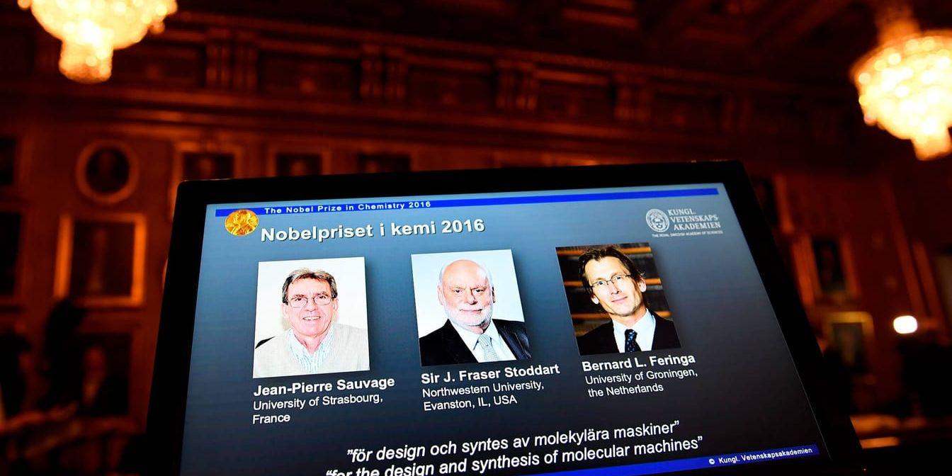 Nobelpriset i kemi gick i år till tre européer: Jean-Pierre Sauvage, född i Frankrike, J. Fraser Stoddart, från Storbritannien, och Bernard L. Feringa, från Nederländerna. Arkivbild.
