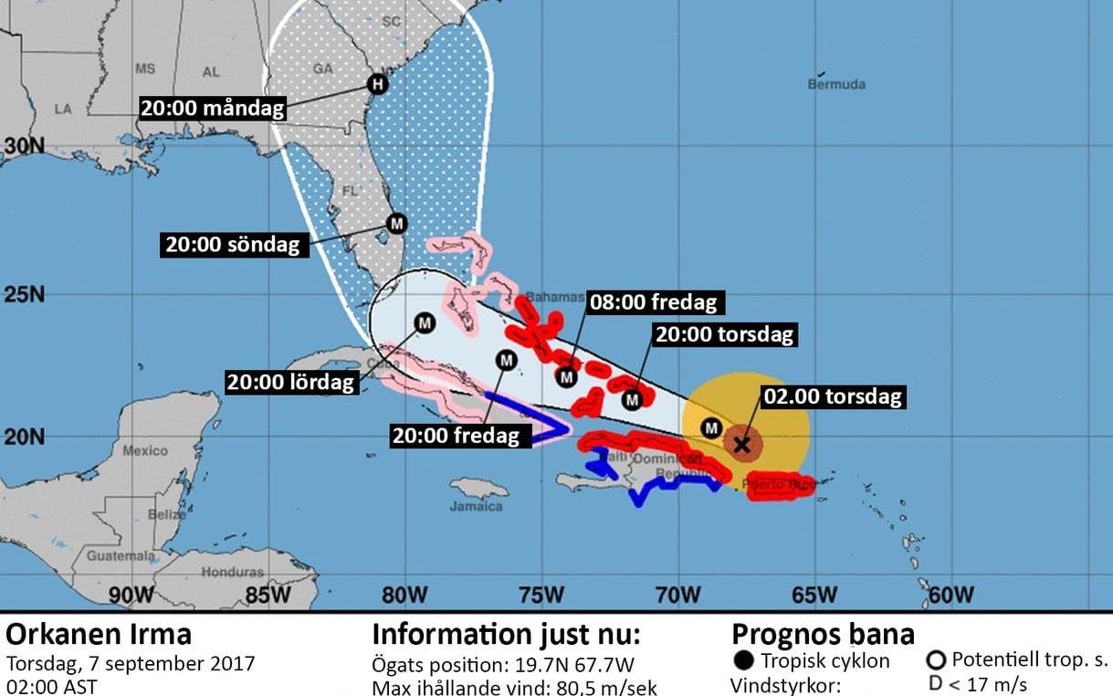 Prognosen för orkanen Irmas bana genom Karibien.
