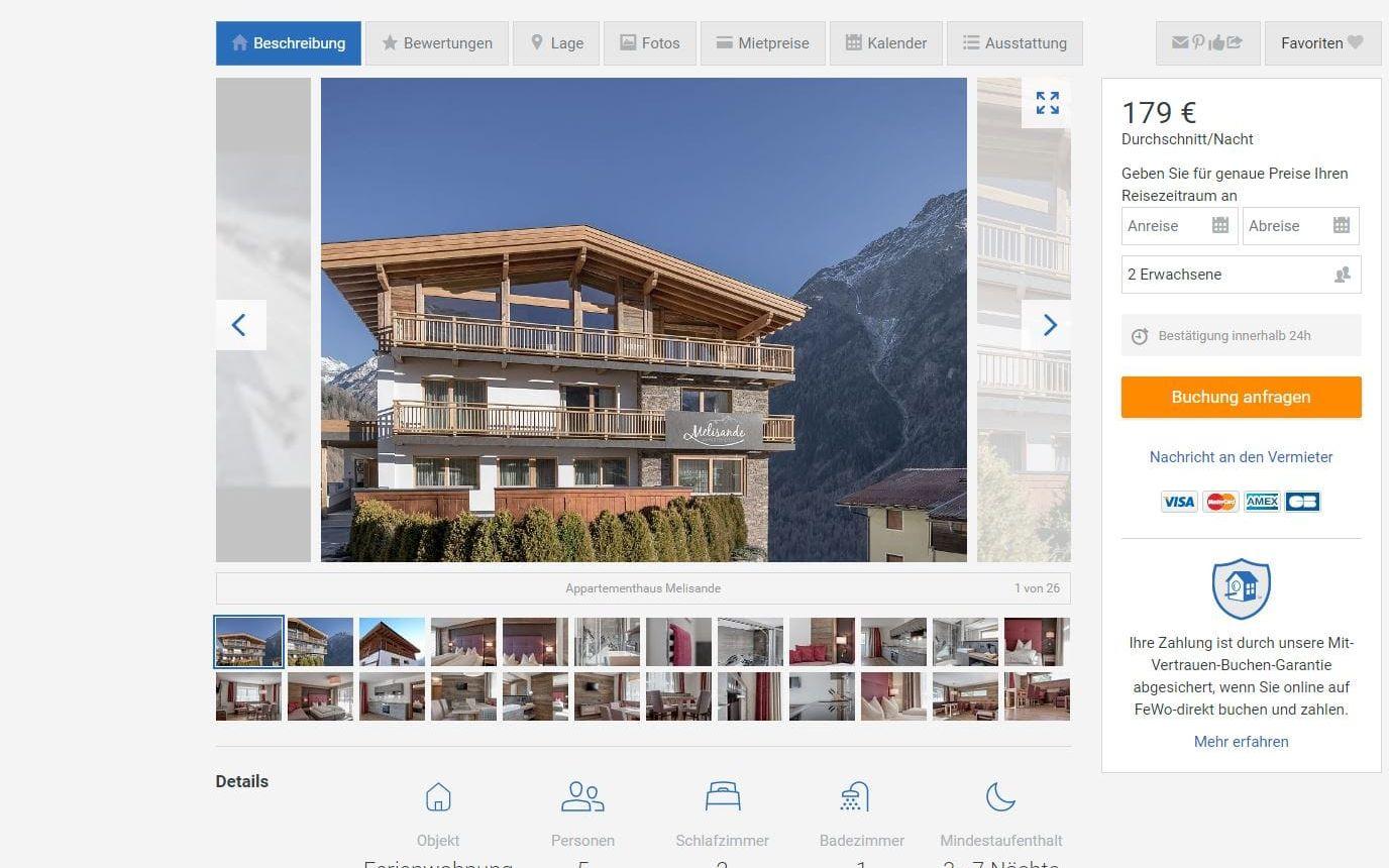 Bilden på hotellet går att spåra till en skidort i Österrike. Hotellets namn hade redigerats bort från skylten på bluffmakarnas hemsida. Foto: Skärmdump