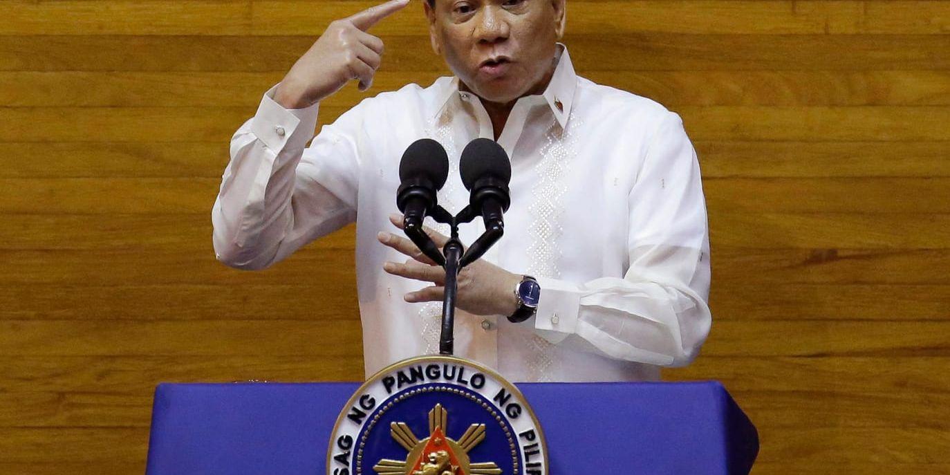 Filippinernas president Rodrigo Duterte under ett tal till nationen i juli i fjol. Arkivbild.