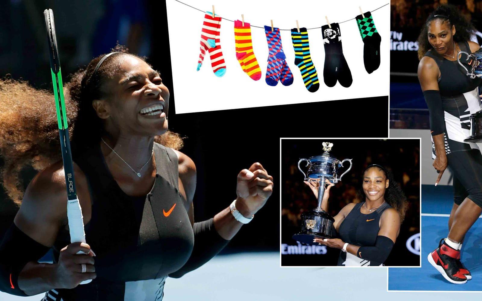 Tennisstjärnan Serena Williams byter inte strumpor under en turnering. Ritualen verkar fungera bra, med tanke på amerikanskans framgångar på tennisplanen. En lång och svettig grand slam-turnering, i ett par strumpor alltså. Hmm... Foto: TT