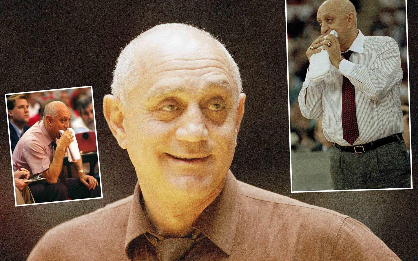 Basketcoachen Jerry Tarkanian tuggade ofta på en blöt handduk under matcherna. Han gjorde det i stället för att dricka vatten när han blev torr i munnen. Foto: TT