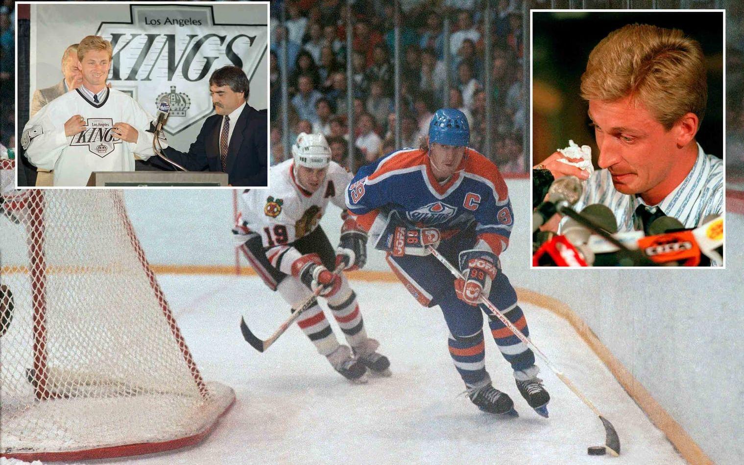 <strong>1. Wayne Gretzky vann Stanley Cup fyra gånger med Edmonton Oilers,</strong> sedan släpptes han till Los Angeles Kings. Den kanadensiska klubben fick Jimmy Carson, Martin Gelinas, tre val i förstarundan och 15 miljoner dollar. Men Kings fick världens bäste ishockeyspelare. En affär som fortfarande gör ont i Oilers-fansens hjärtan. Foto: TT