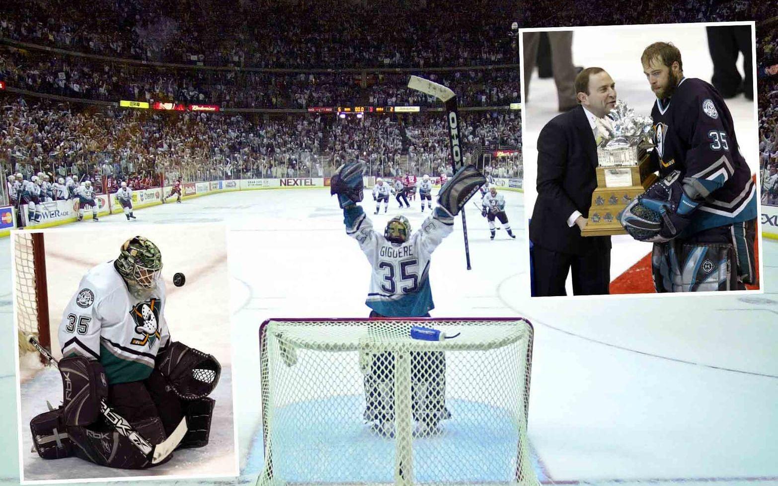 15. Sommaren 2000 skickade Calgary Flames målvakten <strong>Jean-Sébastien Giguère till Anaheim Ducks,</strong> mot ett draftval i andrarundan (Matt Pettinger). Giguère valdes senare till slutspelets bäste spelare och vann Stanley Cup med Anaheim. Pettinger gjorde inte mycket väsen av sig. Foto: TT