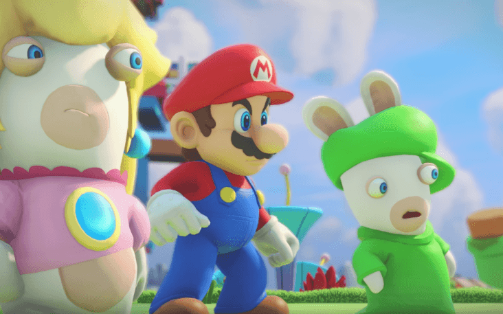 Super Mario möter de knasiga Rabbids i strategispelet "Mario + Rabbids: Kingdom Battle" som släpps till Nintendo Switch i augusti. Ska kombinera klurigt skjutande med barnvänlig humor. Bild: Ubisoft