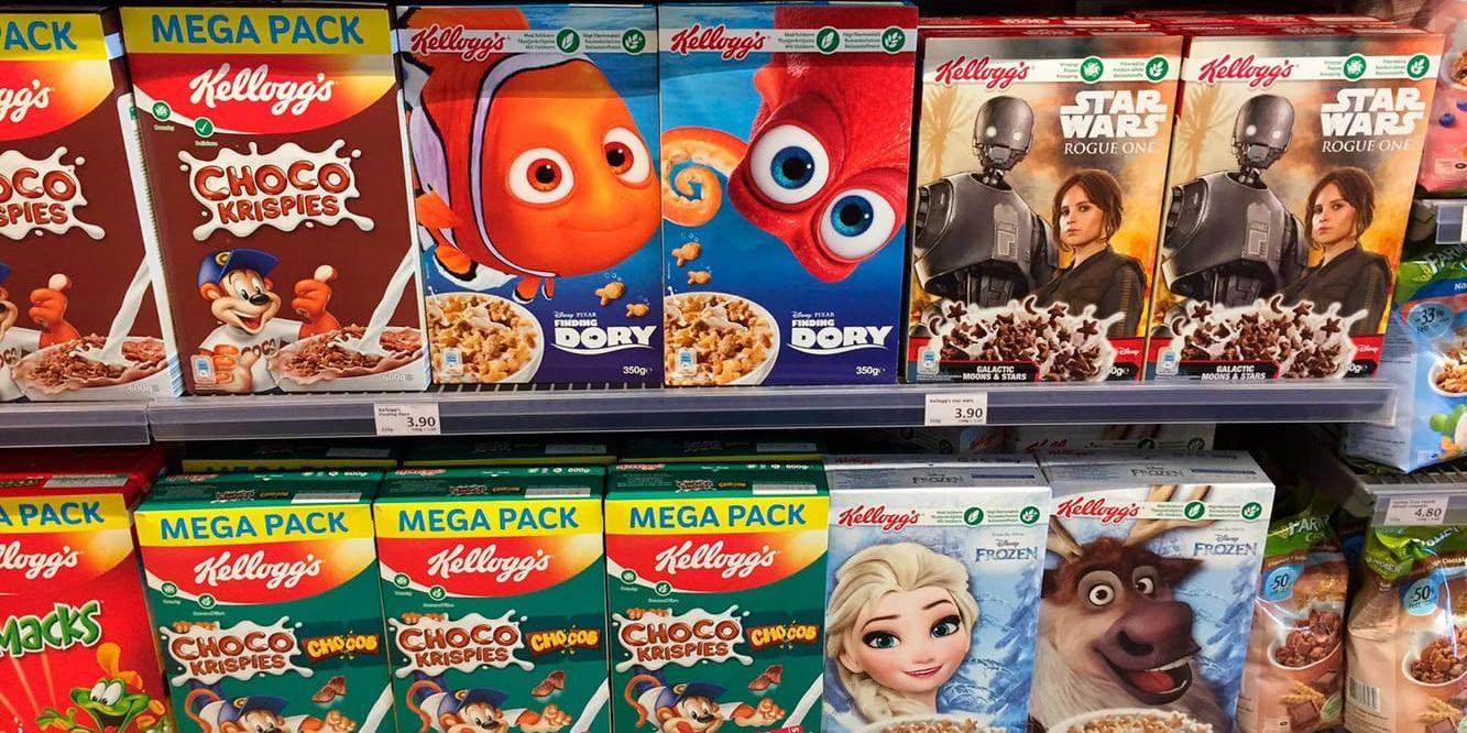 Exempel från den europeiska konsumentorganisationen Beuc som vill förbjuda gulliga tecknade figurer på förpackningar till flingor, godis och andra produkter som i första hand riktas mot barn.