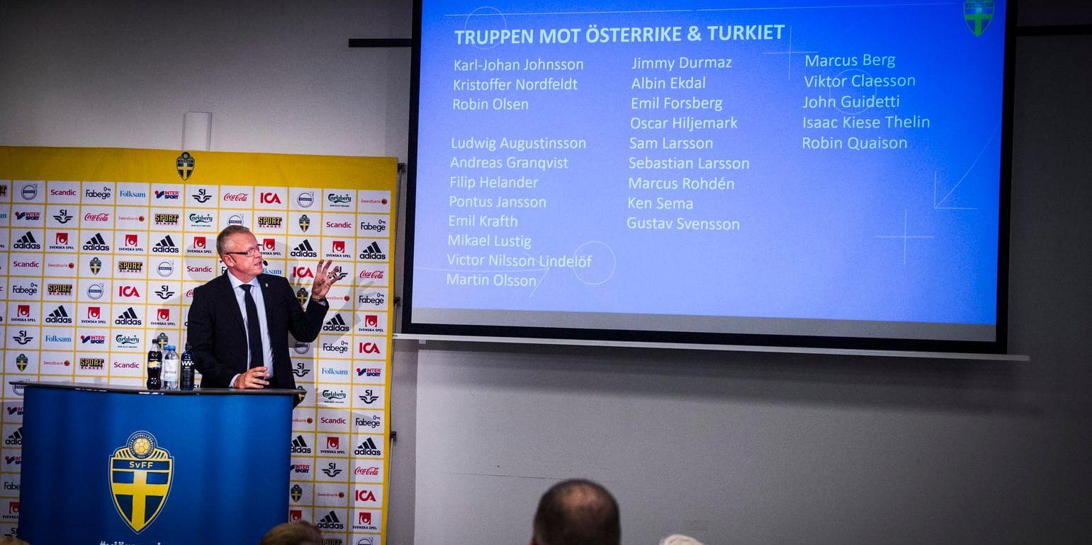 Herrlandslagets förbundskapten Janne Andersson presenterade fotbollstruppen till Österrike–Sverige i Wien torsdagen den 6 september och Sverige–Turkiet i Nations League på Friends Arena måndagen den 10 september.