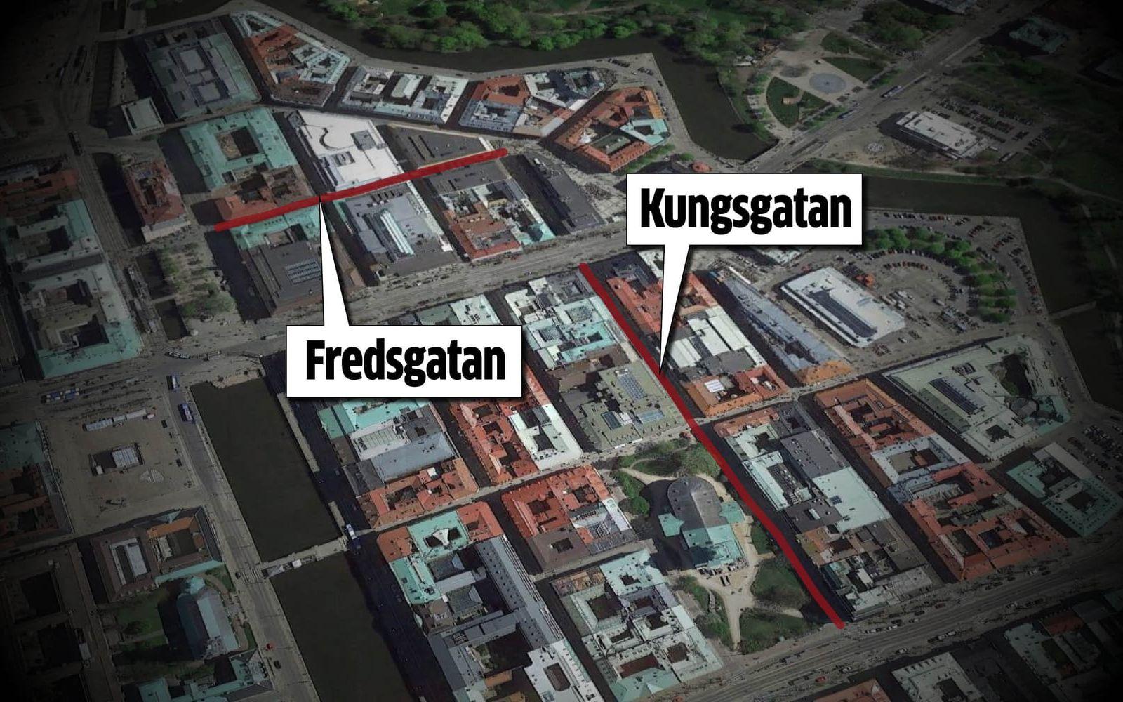 Fredsgatan och Kungsgatan är två folktäta gågator som nu diskuteras. Bild: Google Earth
