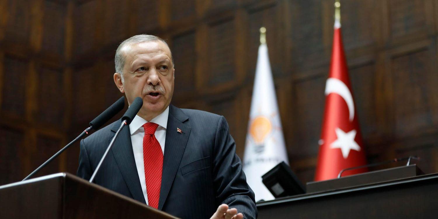 Turkiets president Recep Tayyip Erdogan talar i parlamentet i huvudstaden Ankara. Bilden är från den 7 juli.