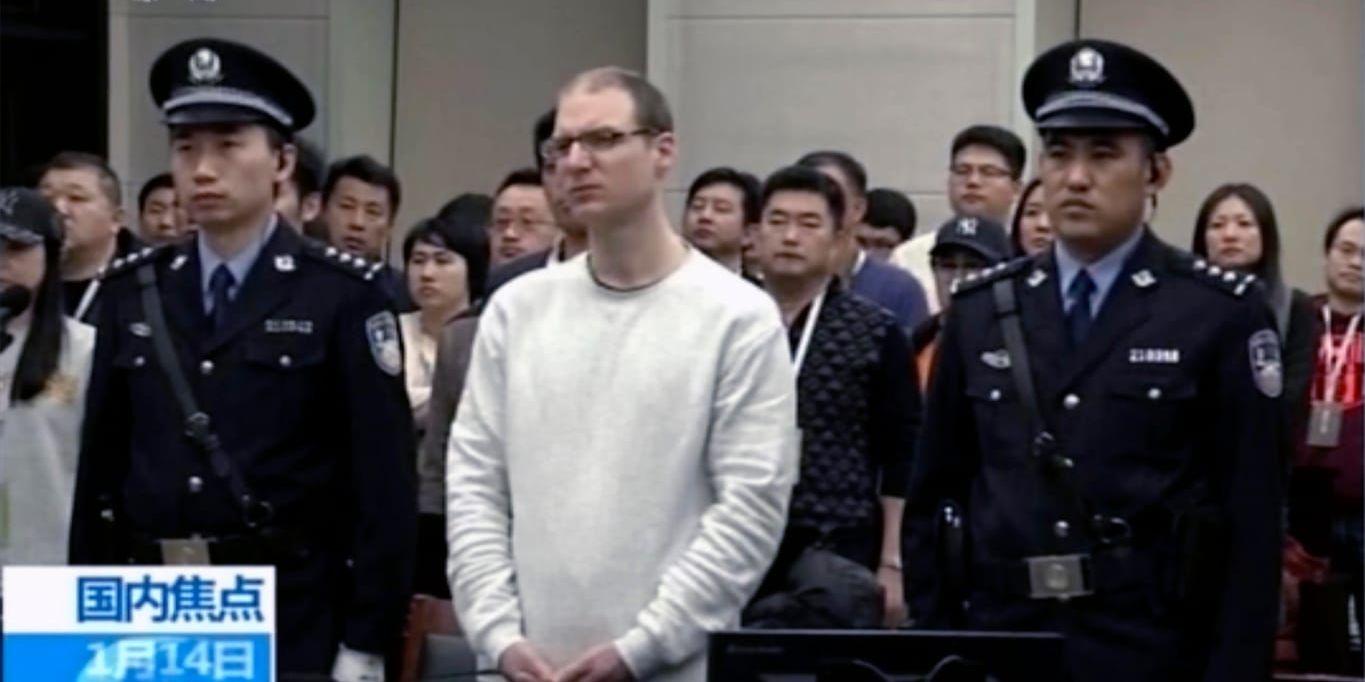 Kanadensaren Robert Lloyd Schellenberg i rätten. Tv-bilder från kinesiska CCTV.