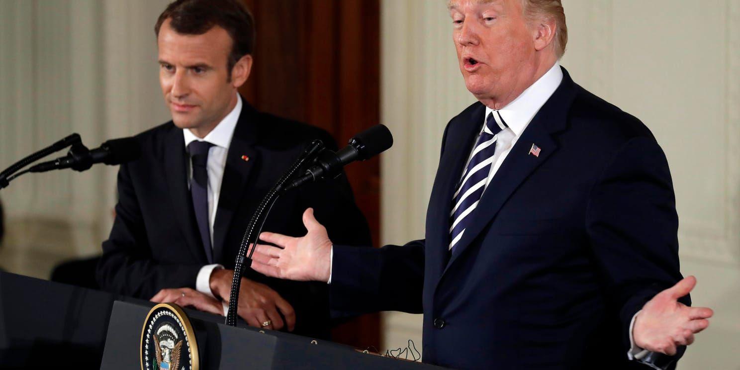 USA:s president Donald Trump och Frankrikes president Emmanuel Macron på gemensam presskonferens i Vita huset.