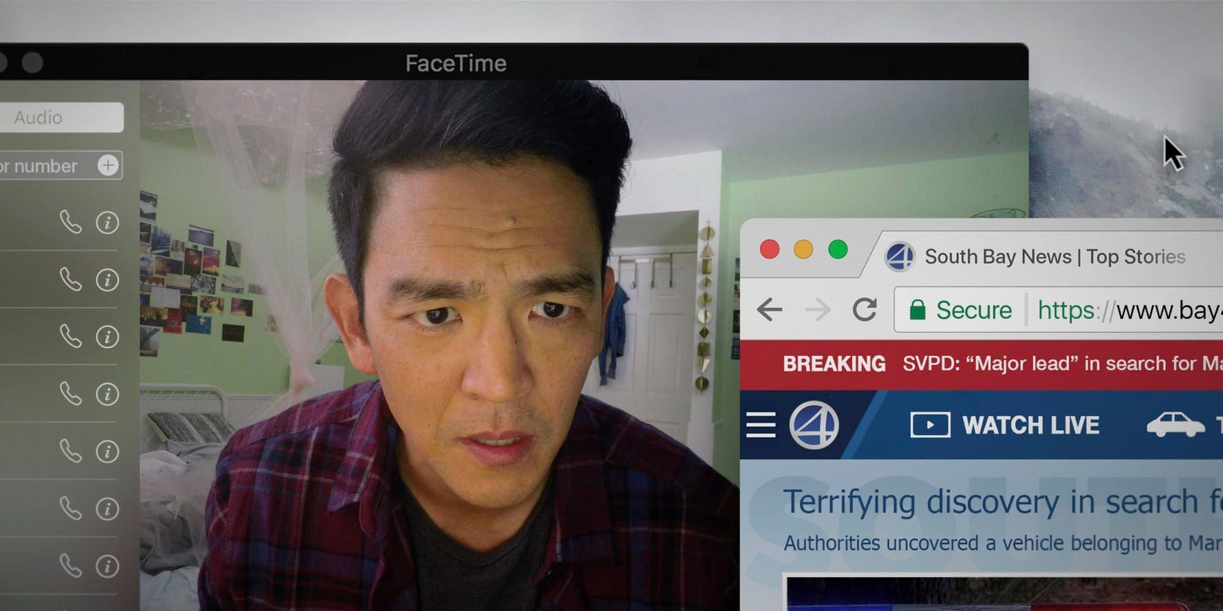 David Kim (John Cho) reagerar snabbt när dottern inte svarar i telefon, på Facetime, chatten eller mail. I "Searching" följer han i hennes digitala fotspår när hon försvinner. Pressbild.