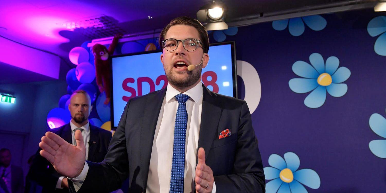 Sverigedemokraternas partiledare Jimmie Åkesson på SD:s valvaka på restaurang Kristall i centrala Stockholm.