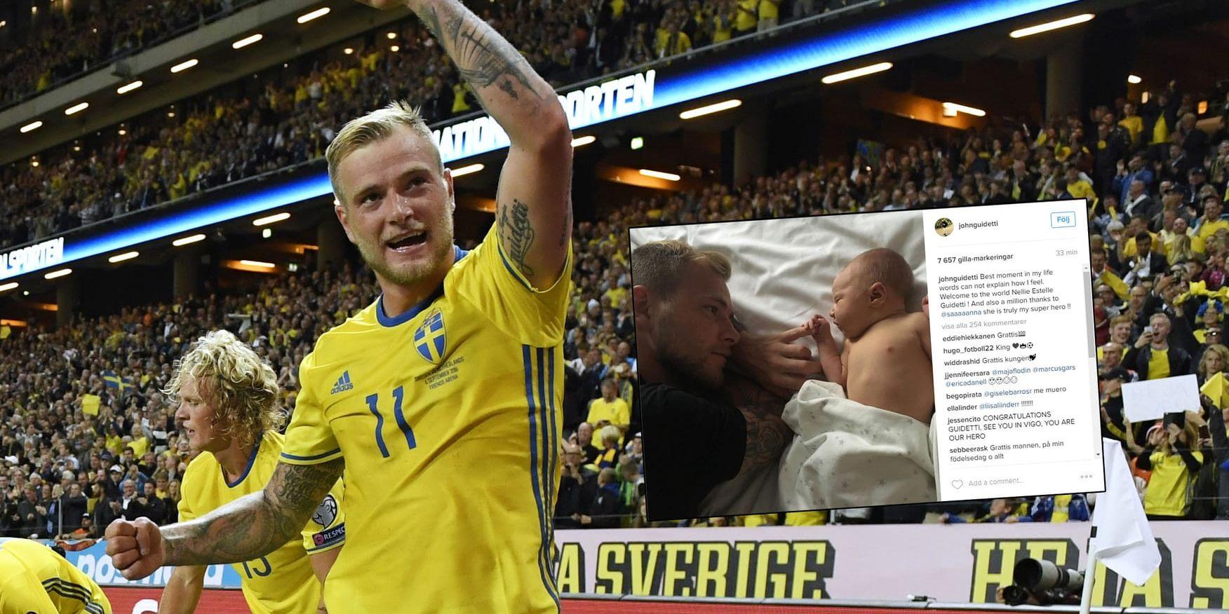 John Guidetti firade när Sveriges gjorde 1-0 i VM-kvalet mot Holland i veckan. Nu firar han också som nybliven pappa. Bild: Pontus Lundahl, TT / Instagram
