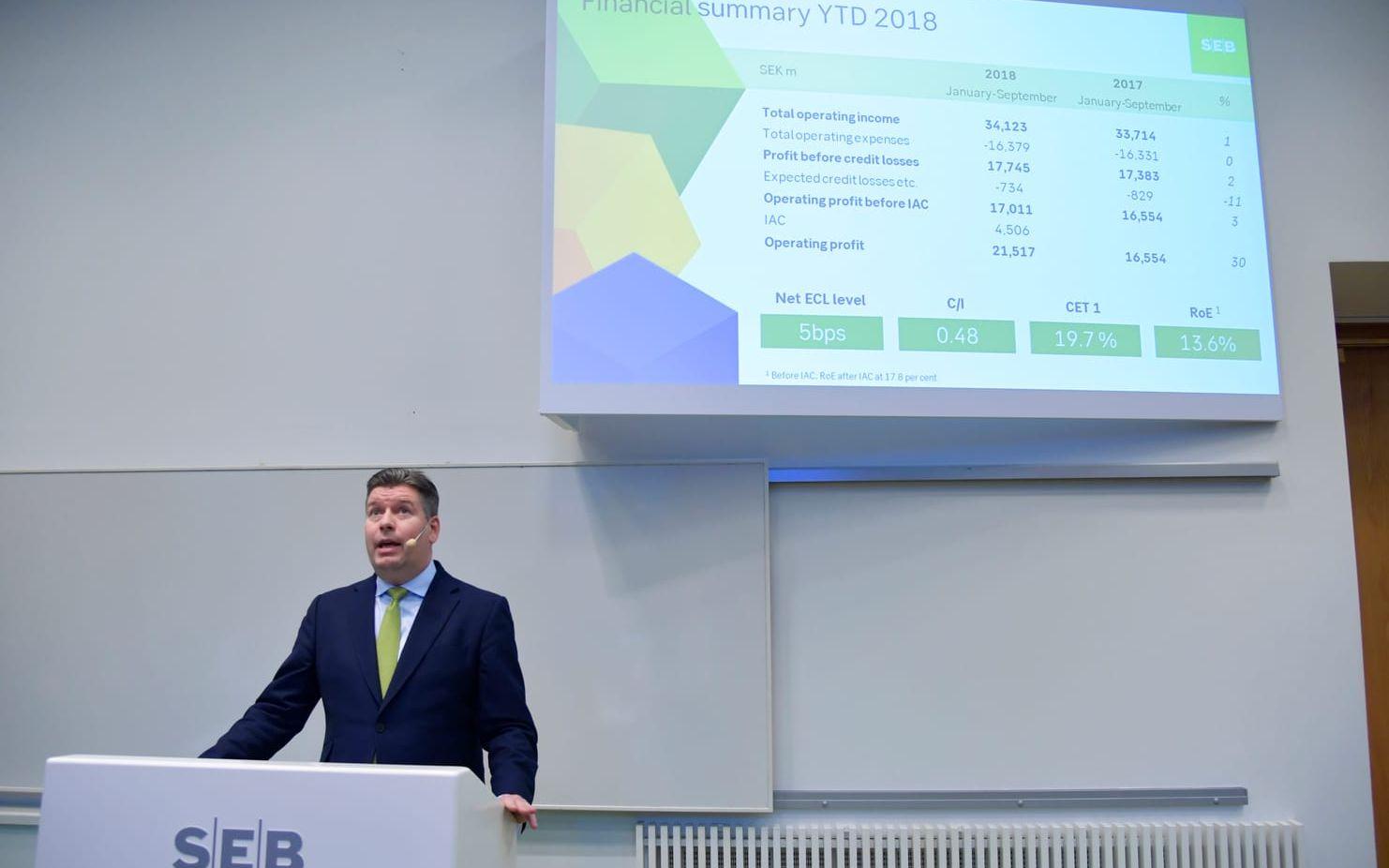 Johan Torgeby, verkställande direktör och koncernchef i SEB, presenterade på torsdagen bankens tredje kvartal.